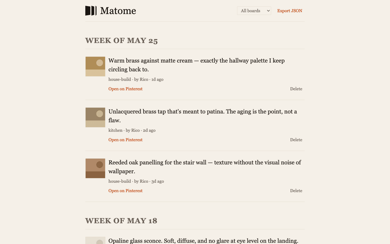 Matome's weekly review: saved pins grouped by week, each with the one-line reason it was saved.